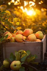 Quince fruit harvested in a wooden box in a field with sunset. Natural organic vegetable abundance. Agriculture, healthy and natural food concept. Vertical composition.
