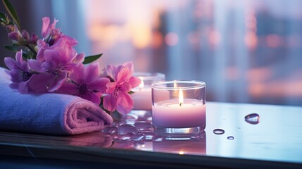 Gently luminous purple candles against a night city backdrop with towel and pink flowers, with spa treatment, relaxation - Powered by Adobe