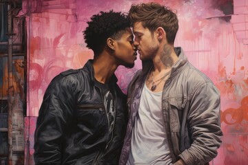 A Tender Embrace: A Painting of Love, Acceptance, and Connection. Two gay men kissing and sharing an intimate moment with each other. LGBTQI+ Love  - obrazy, fototapety, plakaty