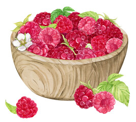 Ripe strawberries in a bowl. Watercolor illustration. Healthy food concept. Composition of spring berries. Ingredient for various dishes.