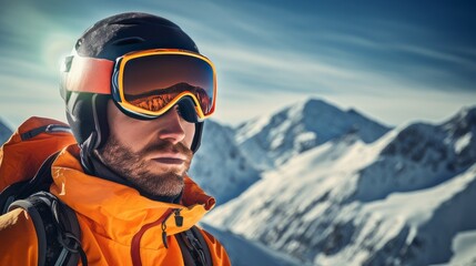 Portrait of a happy, smiling male snowboarder against the backdrop of snow-capped mountains at a ski resort, during vacation and winter holidays.