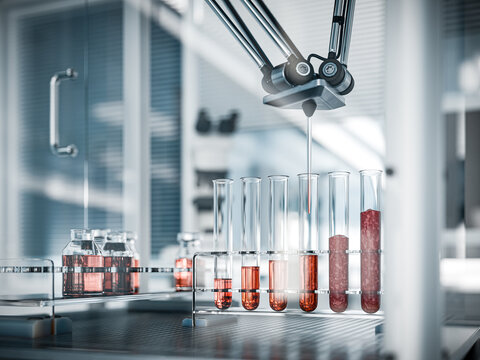 Lab grown beef in test tubes: Exploring in-vitro meat production with pick and place robot - 3D render