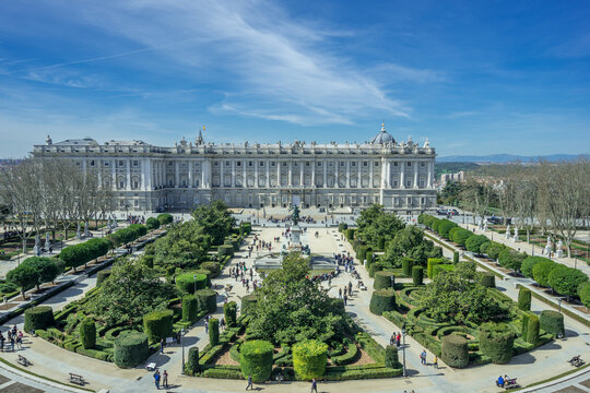 Madrid, Spain. March 17, 2017. Tourists gathering around Royal Palace (Palacio Real), Plaza de Oriente and Lepanto Gardens (Jardines de Lepanto)