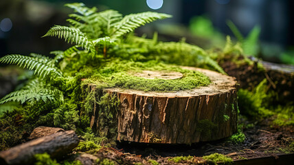 Wooden stump in the forest with green moss. Quiet woodland with lush flora.