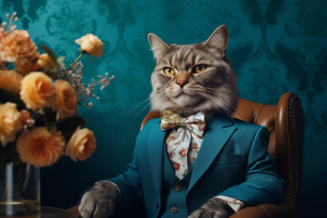 A serious cat in a suit sits in a chair at the table. Funny greeting card with animals