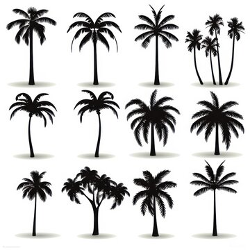 Collection of black palm tree illustrations on a white background.