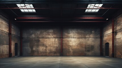 Empty old warehouse interior with brick walls, concrete floor, and a black steel roof structure - obrazy, fototapety, plakaty