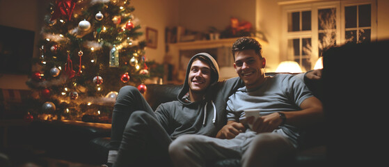 Christmas time. Two smiling men enjoying day off lying on the couch. Friends, gay couple, people...