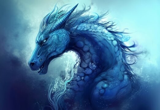 Blue mythical wild rebellious creature. Legendary futuristic fable demonic dragon. Generate ai