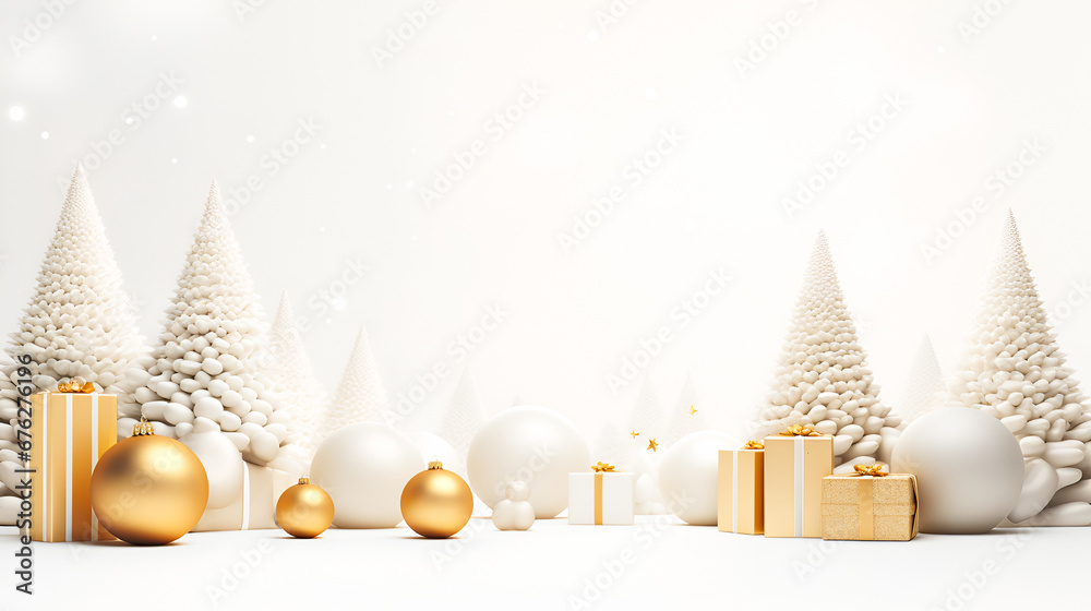 Wall mural christmas and new year background in white colors. white christmas trees with golden star in a snowy