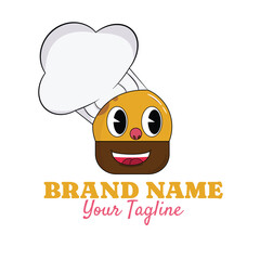 A chef's mascot logo with a shape like a meatball or other round food that has appetizing colors