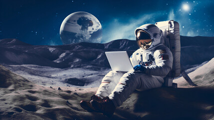 An astronaut sits on the surface of the moon and uses his laptop against the backdrop of a space...