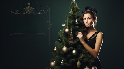 elegant young woman in a festive dress decorates a Christmas tree on a dark background with a frame and copy space for advertising services and Christmas events. New Year and Merry Christmas concept