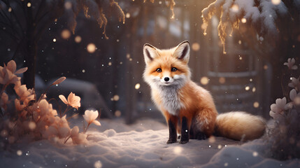 Red fox on the background of a snowy, winter forest with bokeh light and copy space. illustration 3d. Christmas greeting card.
