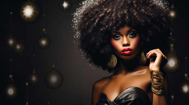 .African-American dark-skinned young woman with large jewelry and disco hairstyle looks at the camera on a black background with copy space. fashion and new year party concept.