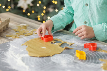 Close up of children hands cooking traditional gingerbread cookies. Family traditions.