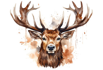 Christmas elk deer,head of deer watercolor vector illustration,elk head with big horns - obrazy, fototapety, plakaty