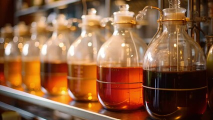 An array of glass fermentation vessels, each containing a different experimental brew, displaying the diverse possibilities and creativity within a microbrewery. - Powered by Adobe