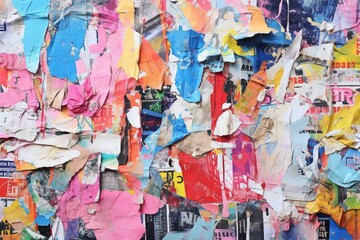 Torn-up layered paper: posters, newspapers and advertisements art, mixed media, colorful pop art texture