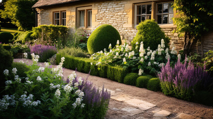 Private garden. edging with elegant flower beds - obrazy, fototapety, plakaty