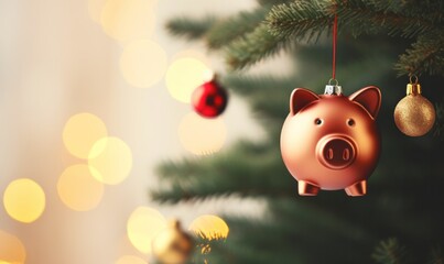 Piggy bank christmas decoration hanging on a Christmas tree branch. Seasonal savings and costs - obrazy, fototapety, plakaty