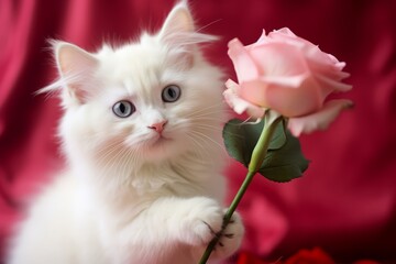 Cute domestic cat brought a flower as a gift. Funny greeting card with animals