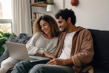 Multiracial young couple watching computer laptop sitting on the sofa at home - Happy diverse husband and wife using pc online services - Technology life style concept - obrazy, fototapety, plakaty