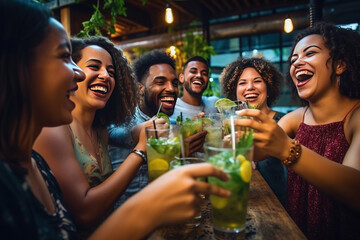 Multiracial friends enjoying happy hour toasting fresh mojito cocktails at open bar - Happy group of young people celebrating summer party together - Life style food and beverage concept - obrazy, fototapety, plakaty