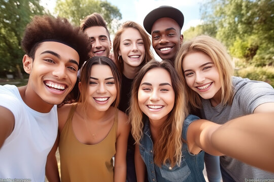 Multicultural group of young people smiling together at camera - Happy friends taking selfie pic with smartphone outdoors - Life style concept with guys and girls enjoying sunny day