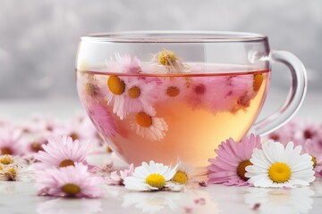 Obraz na płótnie Canvas Chilled chamomile tea with white and pink flowers. Relaxation botanical herbs infusion in glass cup. Generate ai