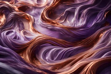 Luminous lavender and molten copper liquids intertwining in an ethereal, fluid embrace.