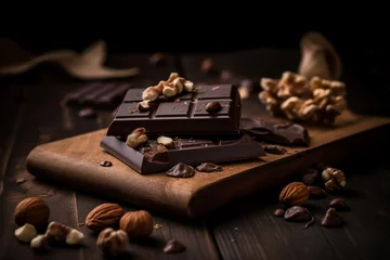 Gordijnen Chocolate almond nuts on board. Sweet cocoa dessert candy healthy. Generate Ai © nsit0108