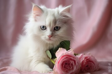 Cute domestic cat brought a flowers as a gift. Funny greeting card with animals