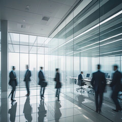 Silhouettes of businesspeople walking in a modern office.
