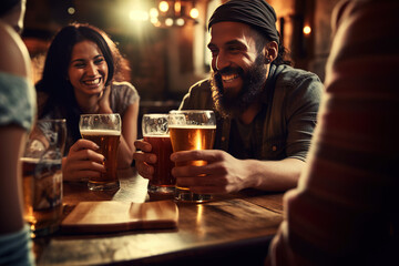 Group of people drinking beer at brewery pub restaurant - Happy friends enjoying happy hour sitting at bar table - Closeup image of brew glasses - Food and beverage lifestyle concept