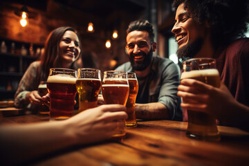 Group of people drinking beer at brewery pub restaurant - Happy friends enjoying happy hour sitting...