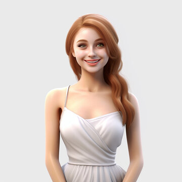 This 3D-rendered cartoon woman is beaming with joy in a stunning white evening dress, showcasing hyper-realistic features against a clean white background.  Generative AI.
