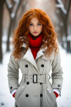 Woman with red hair wearing coat and red scarf.