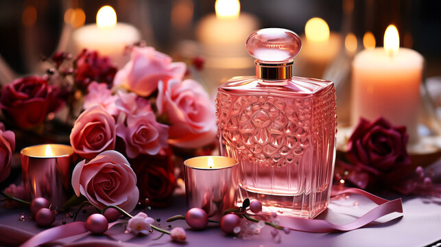 Bottle of perfume and rose for Valentine's Day gift.