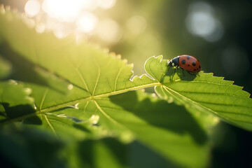 Naklejka premium Ladybug on a green leaf close-up