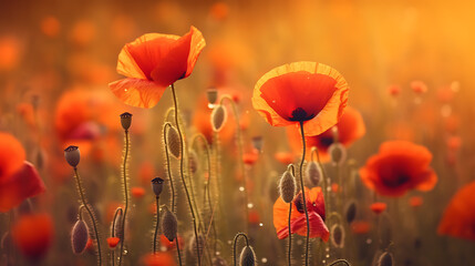 Fototapeta premium Poppy field against sunset background