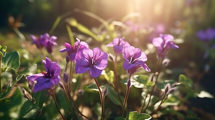 Fototapeta premium Purple and violet flowers in sunlight.