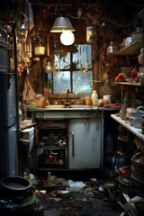 Fototapeta na wymiar Travel dirty interior house building kitchen old