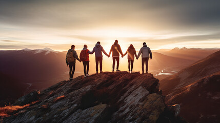 
Teamwork concept with friends holding hand.
 sunset in the mountains