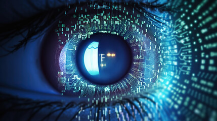 eye technology Human multicolored iris of the eye. blue binary code - obrazy, fototapety, plakaty