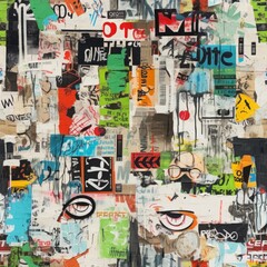 Fototapeta premium Torn-up layered paper: posters, newspapers and advertisements art, mixed media seamless pattern, colorful pop art texture