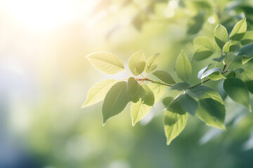 Fototapeta na wymiar Cherry tree leaves glow in the sun with soft focus