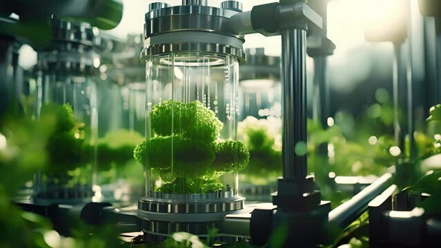 Detailed shot of an algaebased carbon capture unit, capturing and diverting carbon dioxide emissions from an adjoining power plant for direct utilization in the algae cultivation process.