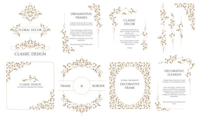 Set of decorative frames, corners and borders. Graphic design page. Floral elegant pattern.