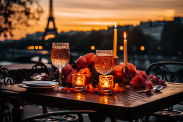 Two glasses of white wine on a table against a background of evening city Paris. Holidays and...